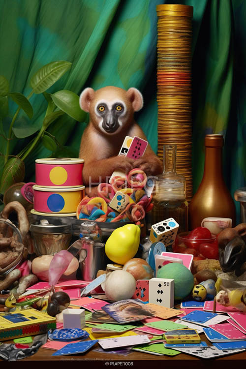lemur amidst whimsical tabletop of colorful toys and lush greenery