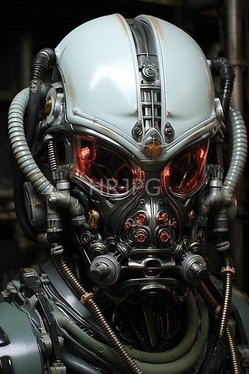 mechanical headpiece fuses cybernetic design with steampunk aesthetics in a futuristic apparatus