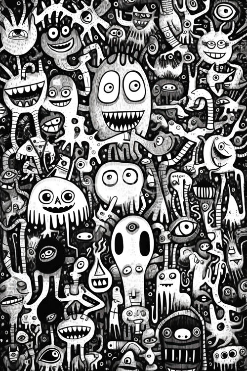 black and white ink lines draw surreal creatures in chaotic landscapes