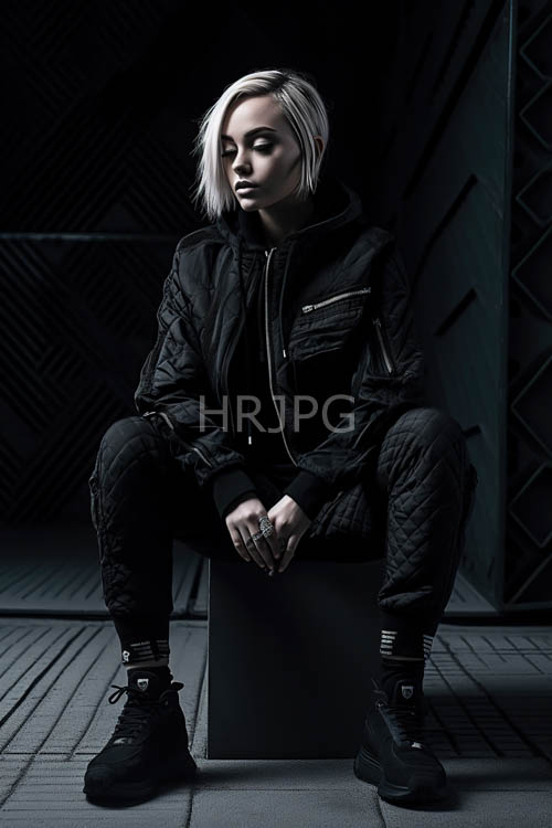 High Resolution: Androgynous Figure in Textured Quilted Jacket Amidst Moody Geometric Patterns download. | HRJPG.com