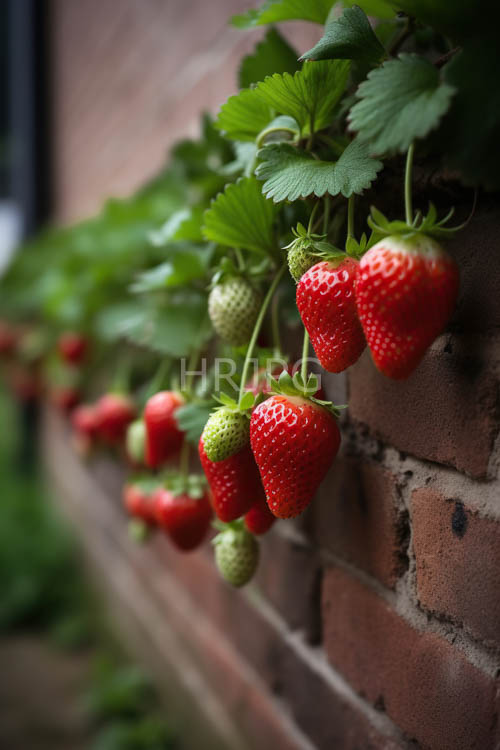 ripening fruit and greenery in an outdoor garden setting with weathered brick walls