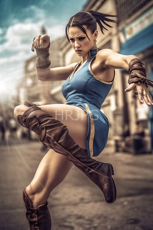 chunli midkick in motion vibrant blue qipao rugged combat boots dark ponytails