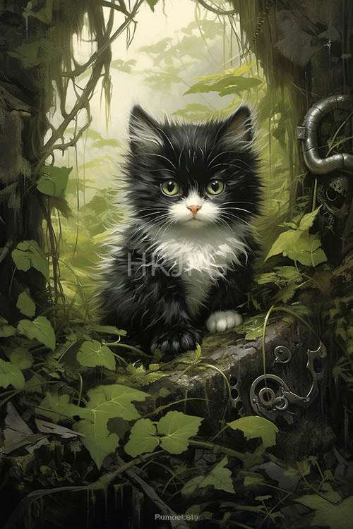 fluffy feline amidst mosscovered rocks in luminous woodland realm illuminated by ethereal sunlight