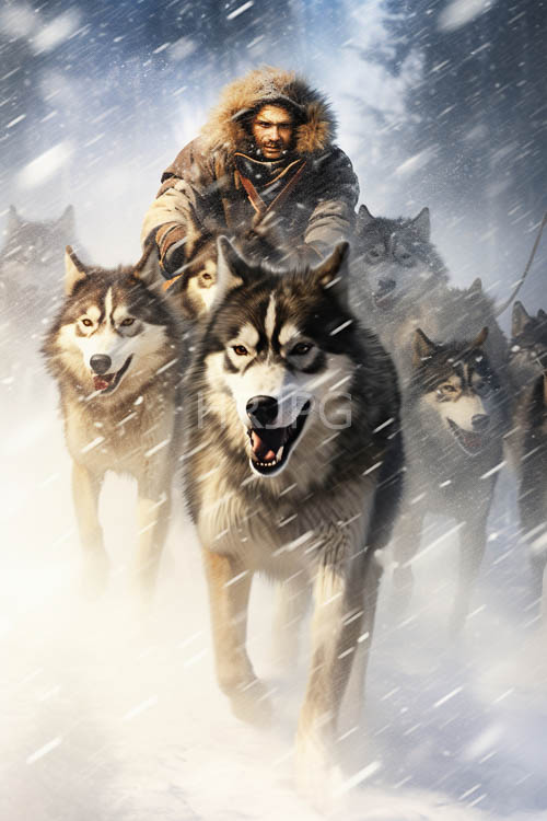 frozen wilderness expedition with siberian huskies and furtrimmed arctic apparel in harsh light conditions