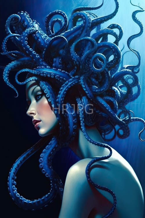 merging mystique of a paleskinned woman with oceanic abyssal landscape