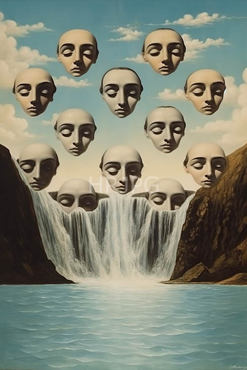 pearlescent alien heads meditate above roaring waterfall in majestic canyon