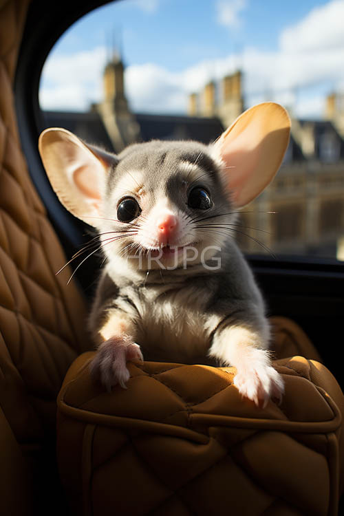 gray and white mouse basks in cozy quilted brown seat pocket in fading light