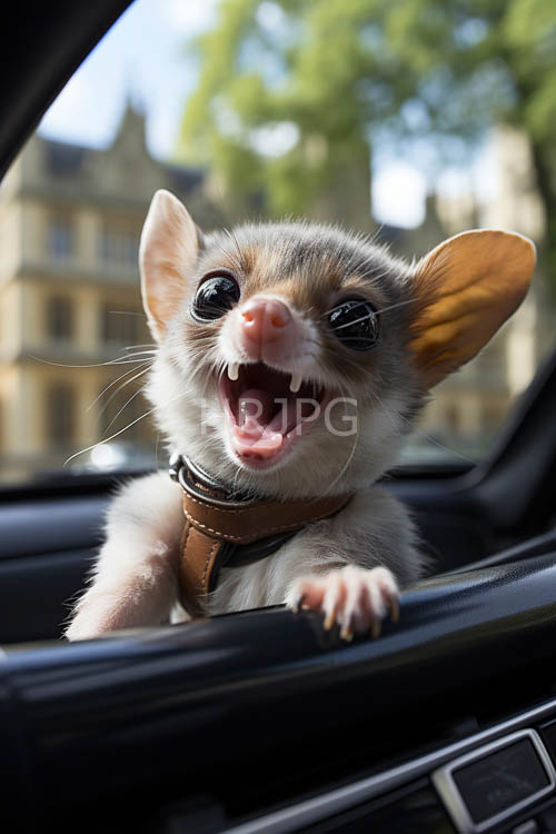 High Resolution: Sugar glider playfully frames cityscape with miniature leather collar and sparkling eyes download. | HRJPG.com
