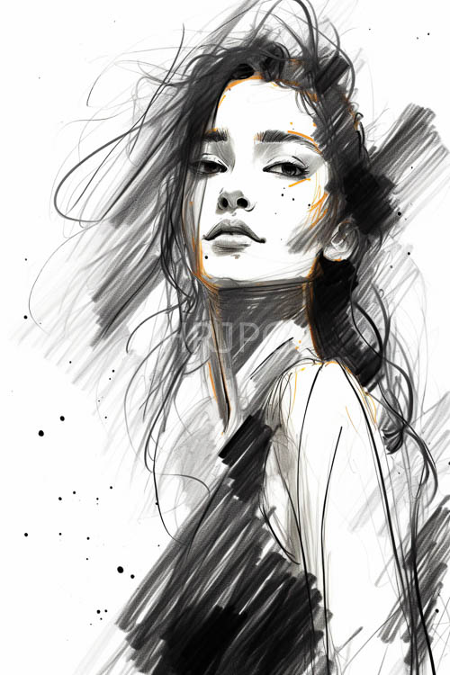 androgynous figure enveloped in turbulent black hair amidst muted monochromatic skies