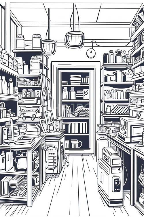 black and white line art depicts kitchen pantries and appliances