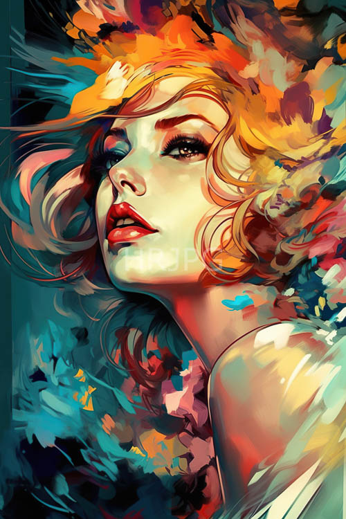 fairskinned muse amidst vibrant orange and yellow locks in an oversized