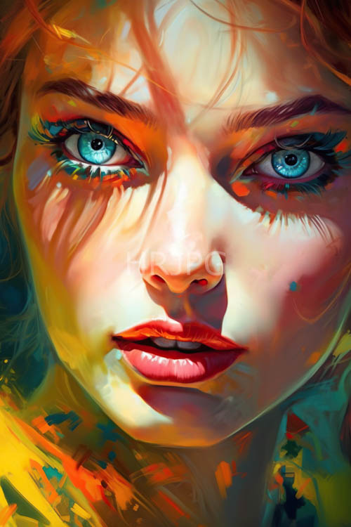 captivating of a woman with intense unwavering gaze and vibrant orangeyellow light reflections