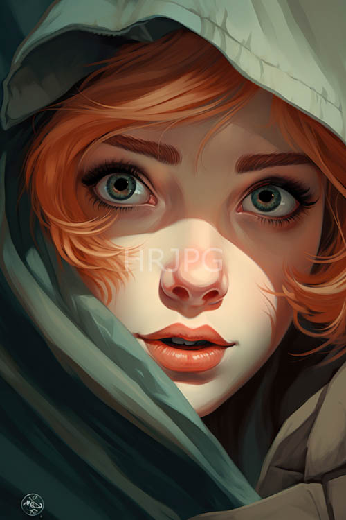 emeraldeyed anime maiden shrouded in teal hooded cloak amidst flickering ambient glow
