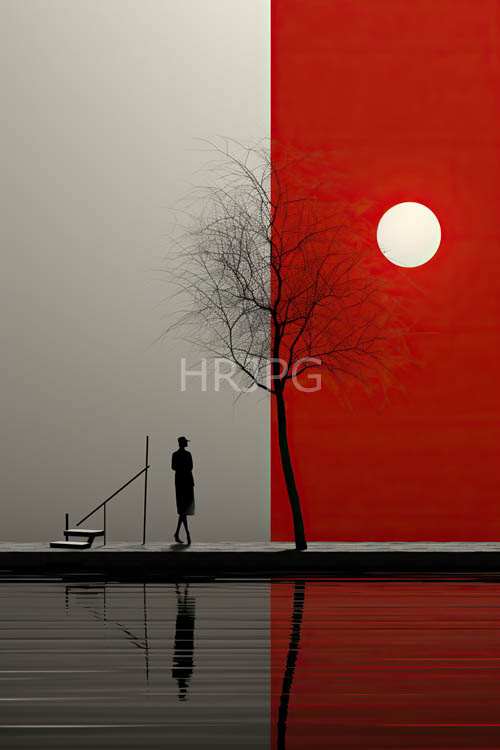 woman in red strides beside leafless tree in duality of gray and red