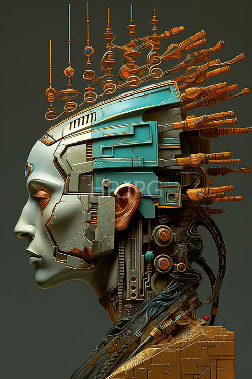 cybernetic fusion of organic and metallic elements in a futuristic gray ambiance