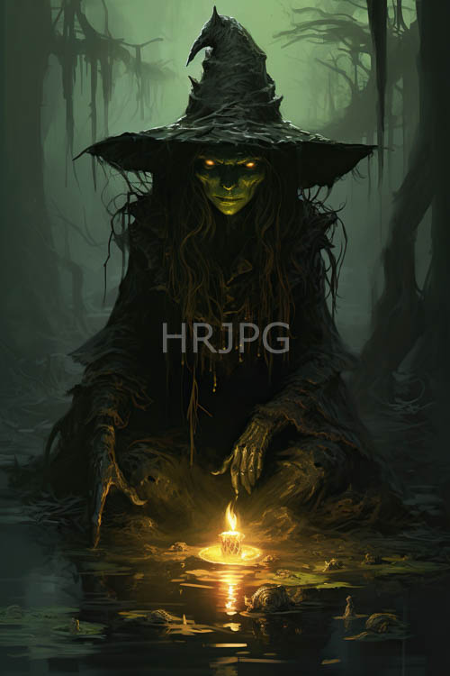 fogshrouded forest figure yields luminous yellow eyes amidst tattered black raiment in emerald skin setting