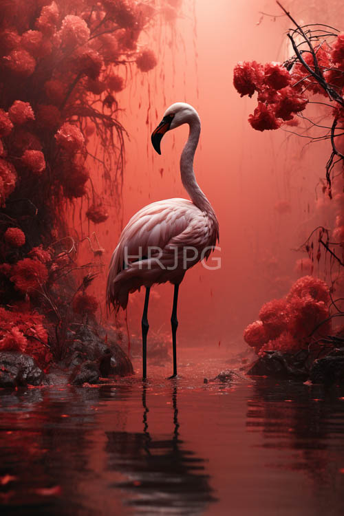 flamingos stand in shallow pink waters among red blooms