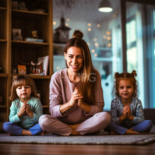wooden bookshelves frame a mother sitting with daughters on carpets