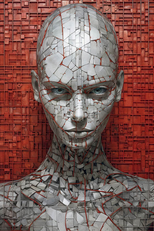 fissured metallic silhouette emerges against fiery red mosaic background with woven geometry