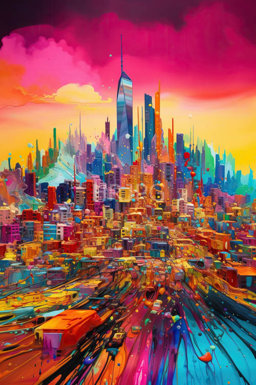 electric skyscrapers stretch majestically amidst kaleidoscopic urban dreamscape
