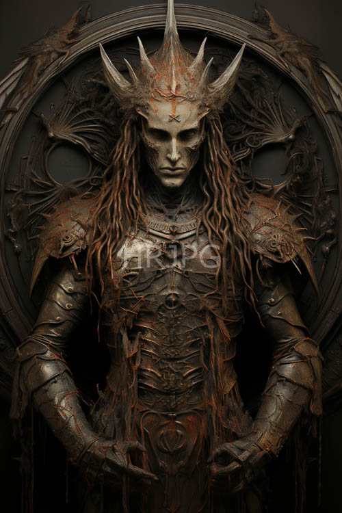 forged in fire shadows converge on the warriors muscular frame with corroded spiked crown beneath dark skies