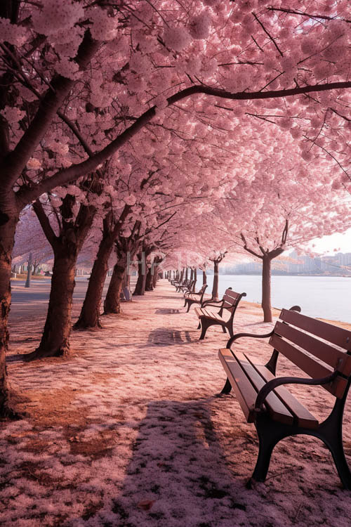 pink petals drift over riverside benches beneath cherry trees