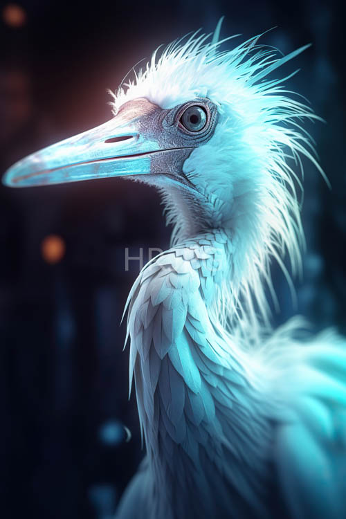 sapphireeyed avian figure commands attention with spiked plumage against shadowy depths