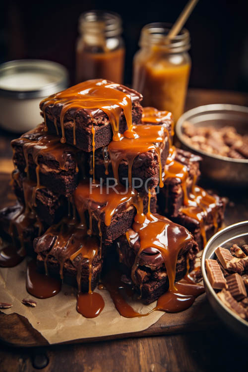 glistening chocolate brownies in velvety caramel sauce on rustic parchment paper
