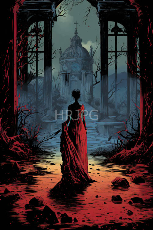gothic landscape features lone figure in flowing scarlet attire standing before ancient domeshaped structure amidst rocky waters and crumbling columns