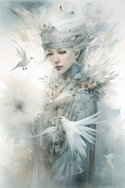 High Resolution: Regal Figure with Ornate Silver Crown and Delicate Lace Robes in Enchanted Forest Setting download. | HRJPG.com