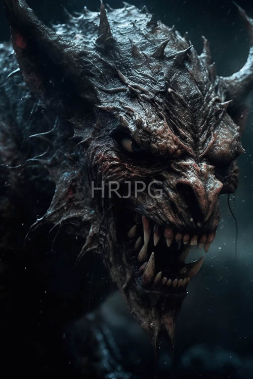 darkskinned demon with jagged horns and razorsharp teeth in a snarl amidst dimly lit fog