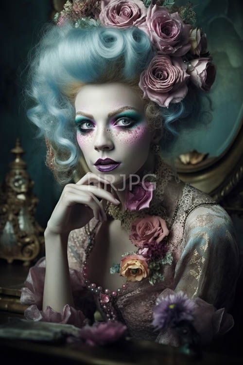 mysterious beauty weaves vibrant roses with intricate lace garments in ethereal aura