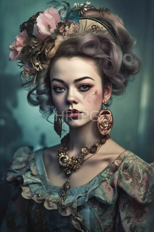 paleskinned woman adorned with vintage floral and feather embellishments in a captivating
