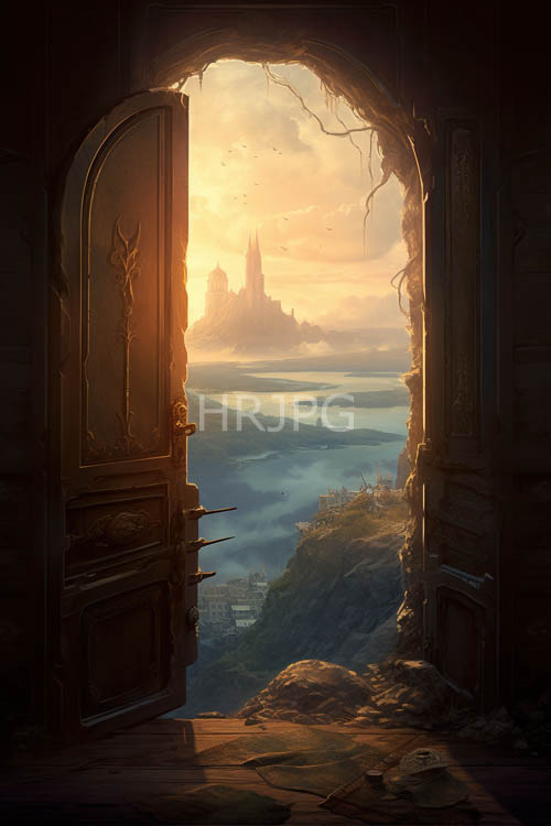 wooden doors stand open toward misty mountain sunset valleys