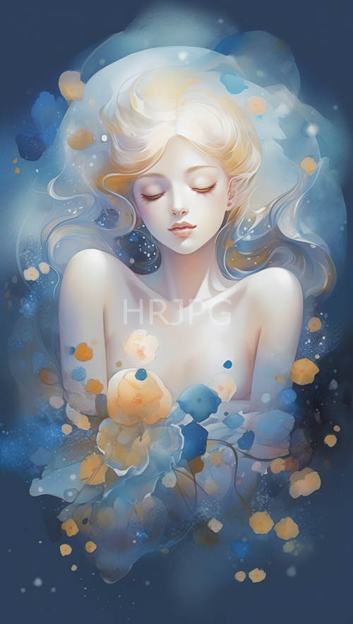 fairskinned women with wavy blonde hair float weightlessly in sapphire and flower petals amidst inky navy