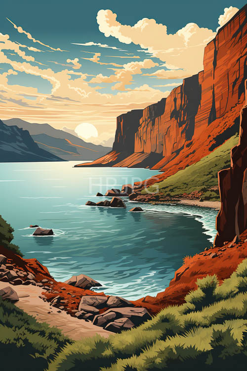 turquoise waters converge with canyon landscapes under molten sunset skies