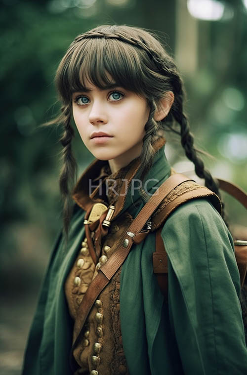 medievalinspired maiden with intricate braided hair and earthytoned ornate dress amidst muted background