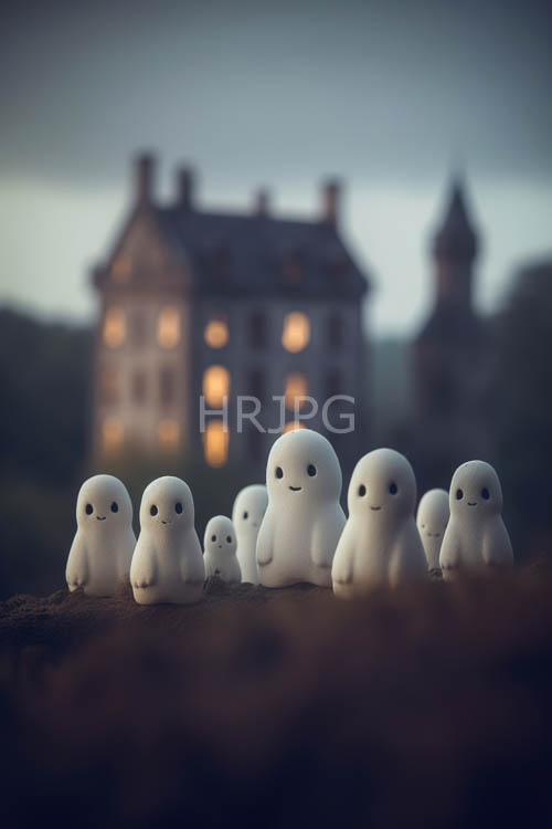 spectral apparitions silhouetted against twilight mansion facade with whimsical blackdot eyes
