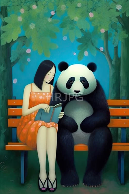 panda bears sit with women in sunlit fantasy woods