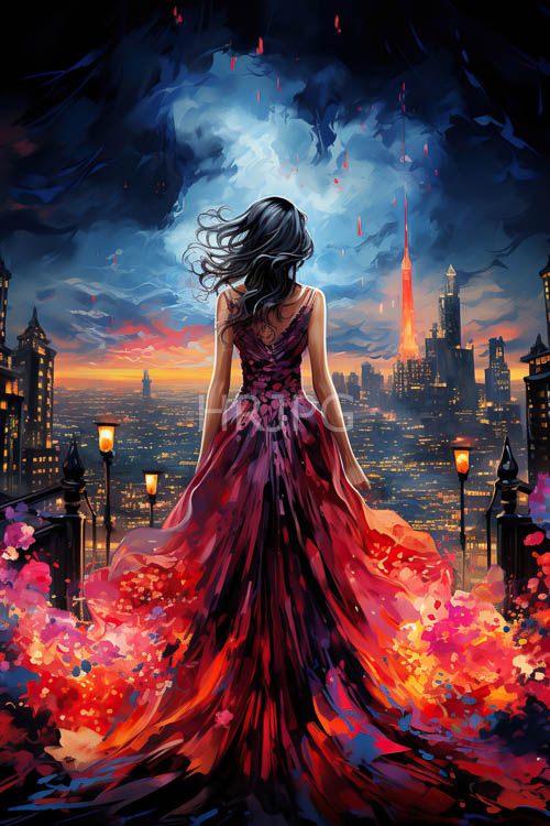 animeinspired cityscape rooftop with cascading black hair and maroon dress