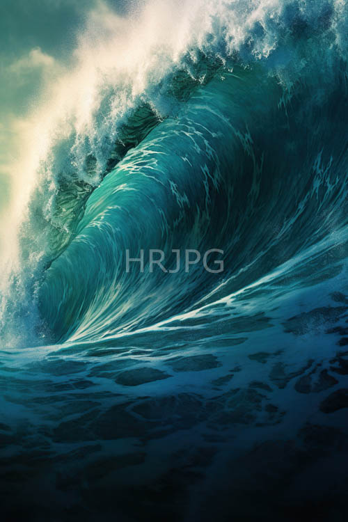 turquoiseblue power surges skyward as an immense ocean wave curves into itself sunlight glinting off the crests frothy white chaos
