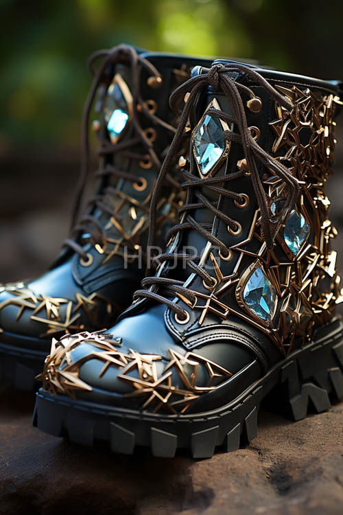 embedded faceted blue gemstones adorn supple leather boots with intricate chain lacing on weathered ground