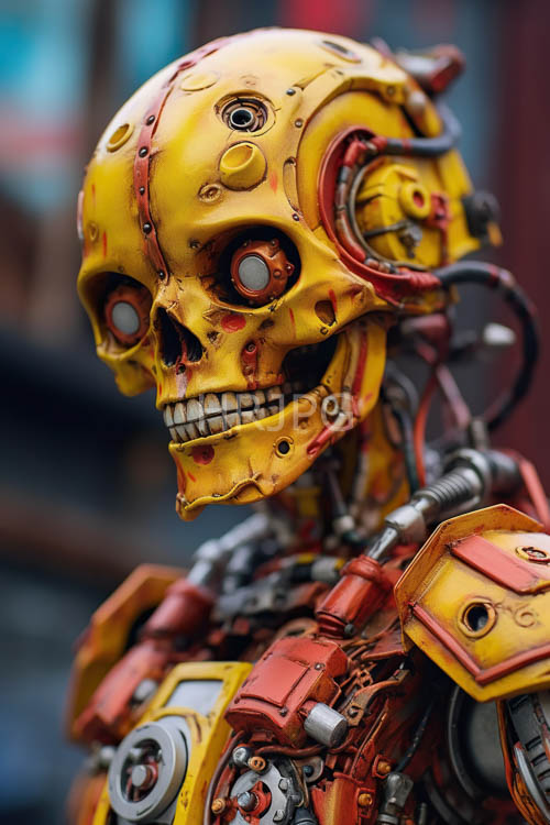mechanical skulls exposed innerworkings reveal labyrinthine gears and tangled wires in abandoned factory