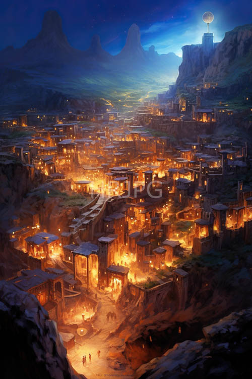 mountainous metropolis with jagged cliffsides and lunarlit monolithic towers