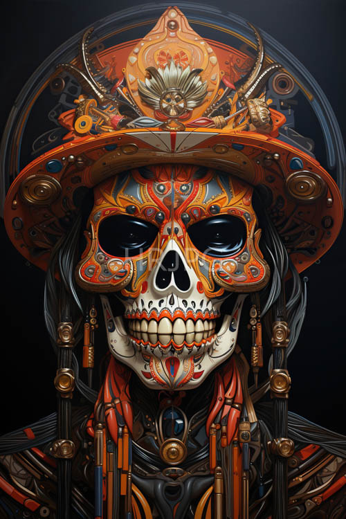 skulls adorned with ornate patterns and steampunkinspired headgear in fiery orange and crimson hues against a moody backdrop