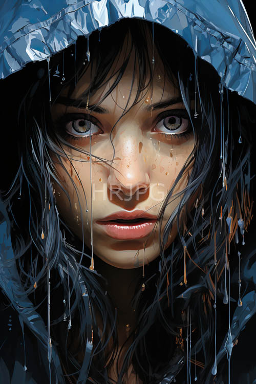stormgray raincoat framing intense gaze in stark blackness of damp hair and porcelain skin