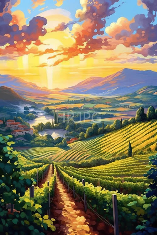 sunlit vineyards at dusk with grapevine lined hills and village homes