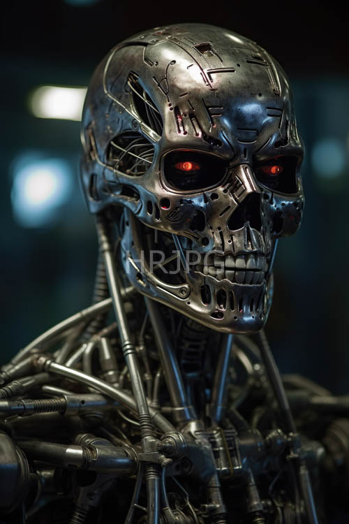 cybernetic humanoid skull exposes mechanized jaw components amidst dark teal surroundings