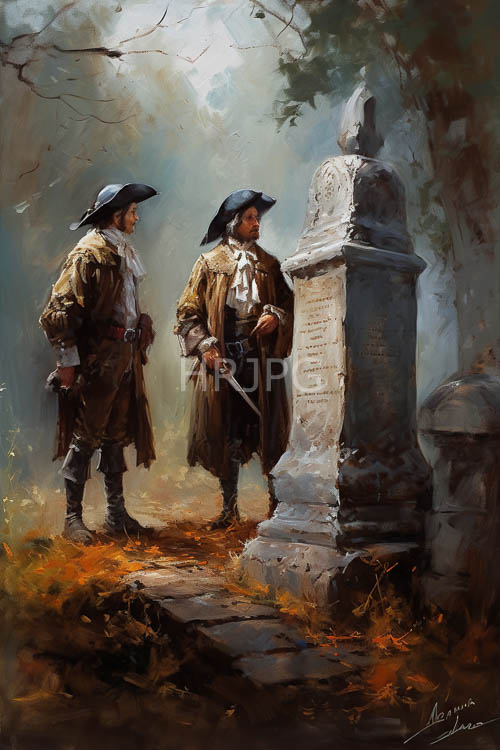 colonialera figures stand solemnly before a mosscovered tombstone in a dramatic interplay of light and shadow