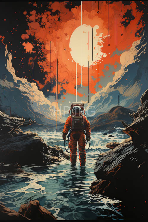 astronaut stands amidst rocky terrain under fiery redorange celestial spectacle